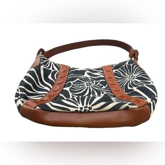 FOSSIL Black Cream Print Linen Canvas Leather Strap Hobo Shoulder Bag - Picture 3 of 7